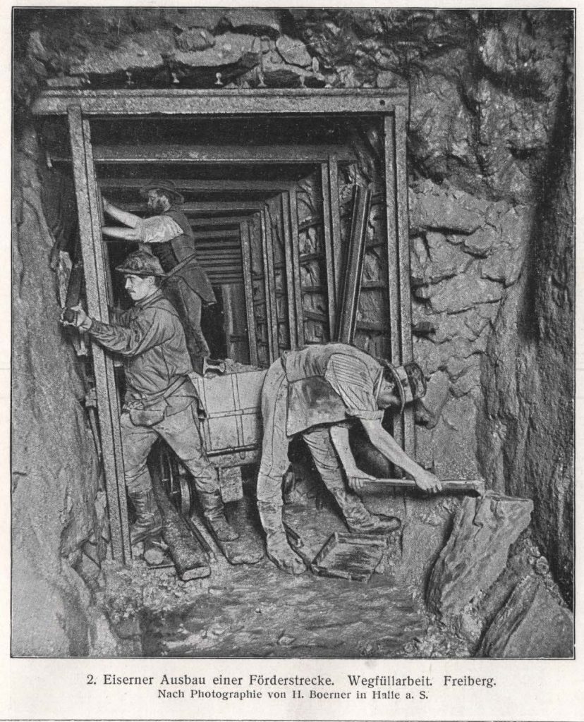 Eiserner Ausbau einer Förderstrecke beim Erzbergbau